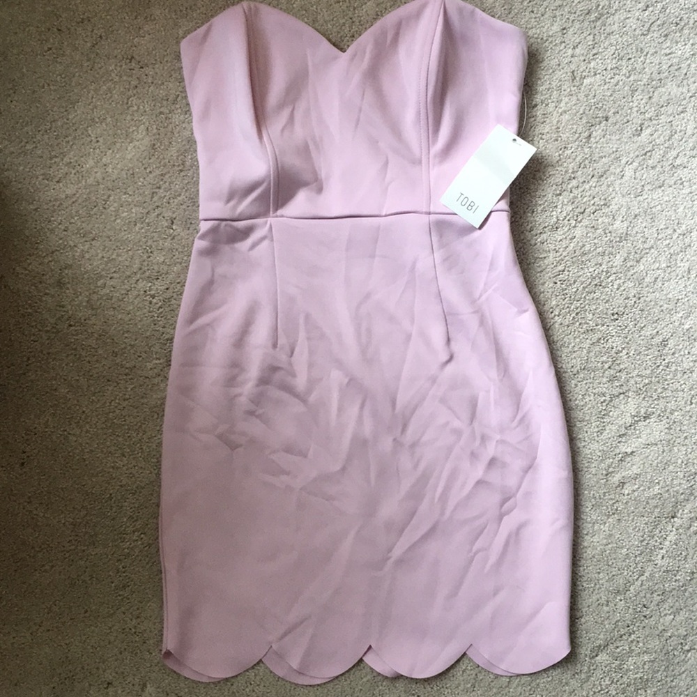 Lavender strapless dress with scalloped bottom